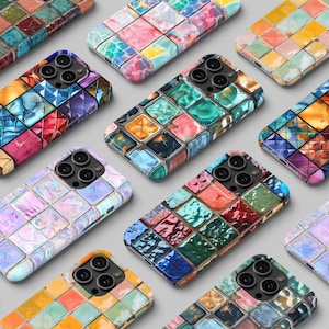 Niedliches Juwel-Mosaik-Buntglas-Effekt 3D iPhone 16 Hülle, iPhone 15 14 13 12 11 8 7 Pro Max SE Plus Handy-Abdeckung Kunstvolles ästhetisches Gehäuse
