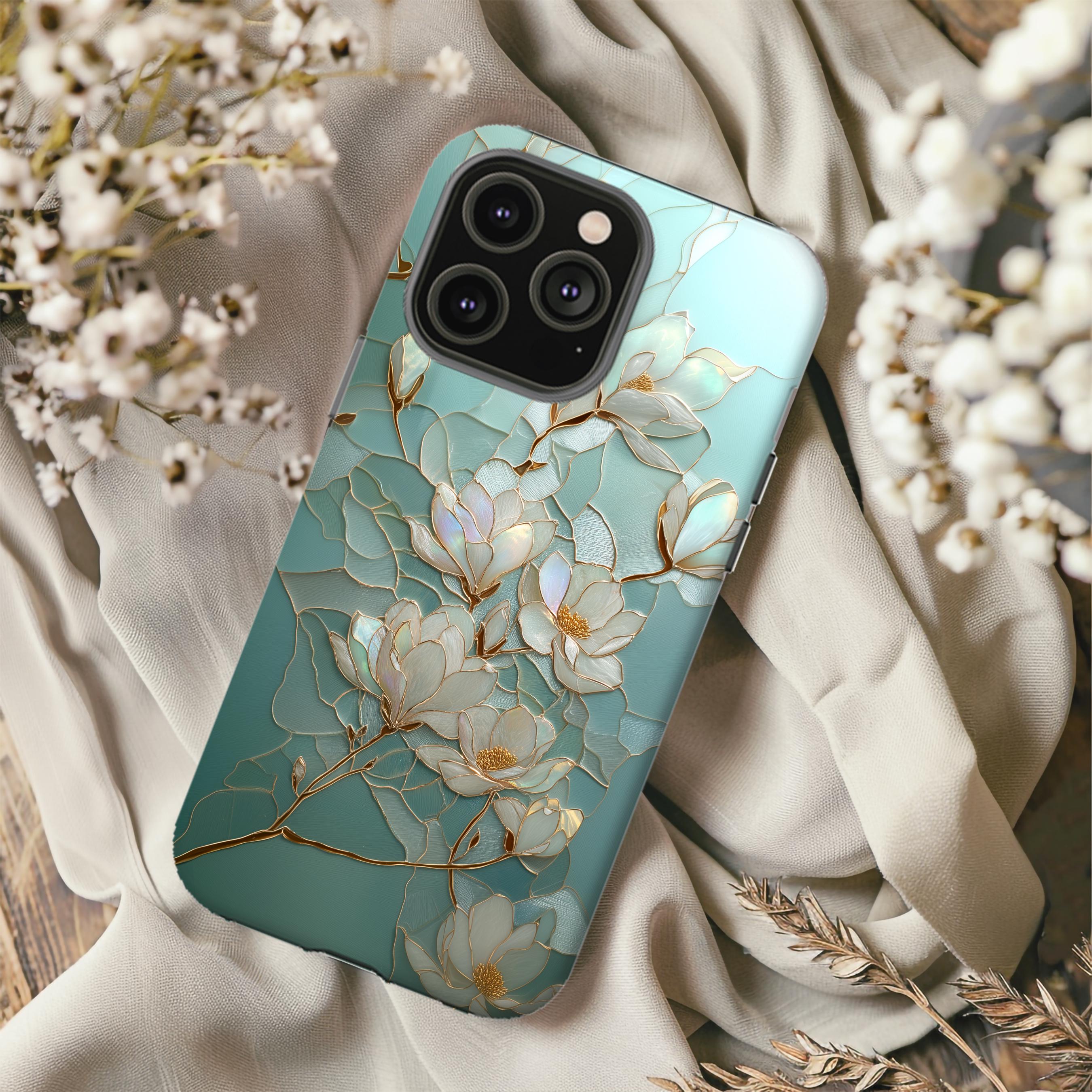 Magnolia Stained Glass Effect Phone Case, Mint Floral 3D Mosaic Tough Case, Case for iPhone 16 15 14 13 12 11 SE Pro Max, Samsung, Pixel