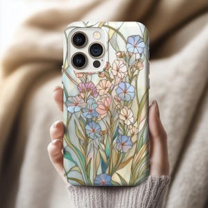 Wildflowers Stained Glass Effect Phone Case, Pastel Floral Mosaic Tough Case, Case for iPhone 16 15 14 13 12 11 SE Pro Max, Samsung, Pixel