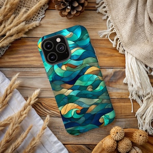 Ocean Waves Phone Case, Turquoise Stained Glass Effect Cute Mosaic Ocean Design Phone Cover, Case for iPhone Samsung, Ocean Lover Gift