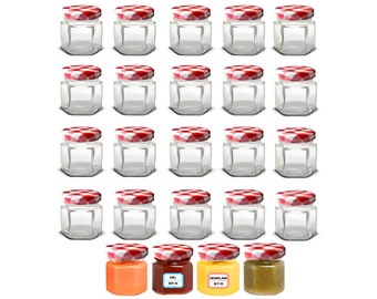Piccoli barattoli di vetro esagonali con coperchio ermetico da 45 ml - Barattoli perfetti per miele, marmellata e regali - Etichette incluse