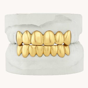 Custom Solid Grillz 4 Piece, 6 Piece, 8 Piece, 10 Piece Gold Grillz in Silver, Vermeil, 10k Gold, 14k Gold Teeth Grillz | Free Mold Kits