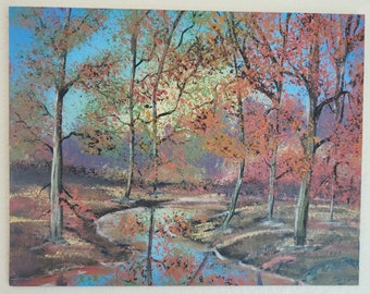 May include: A painting of a forest scene with a winding stream in the foreground. The trees are in shades of red, orange, and yellow, suggesting autumn. The sky is a light blue with hints of white clouds.