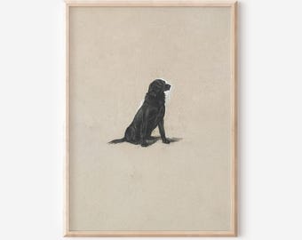 Utskrivbar konst med vintage-kolteckning av svart labrador | Digital nedladdningsbar heminredning i minimalistisk lantlig stil | Livfull konsttryck RA-064