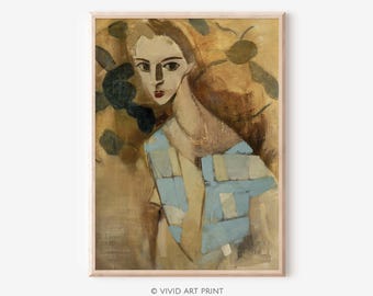 Abstract Girl in Blue Portrait PRINTABLE Wall Art | Vintage Contemporary Modern Home Decor Digital Downloadable Art | Vivid Art Print HS-154