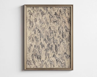 野生の馬のスケッチ 印刷可能なアート | ヴィンテージ ミニマリスト 乗馬 描画 デジタルダウンロード | 鮮やかなアートプリント MR-029