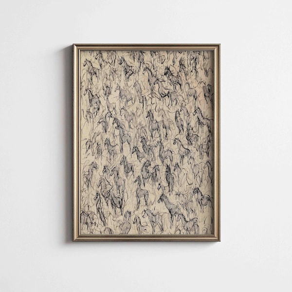 Wild Horses Sketch PRINTABLE Art | Vintage Minimalist Equestrian Drawing Digital Download | Vivid Art Print MR-029