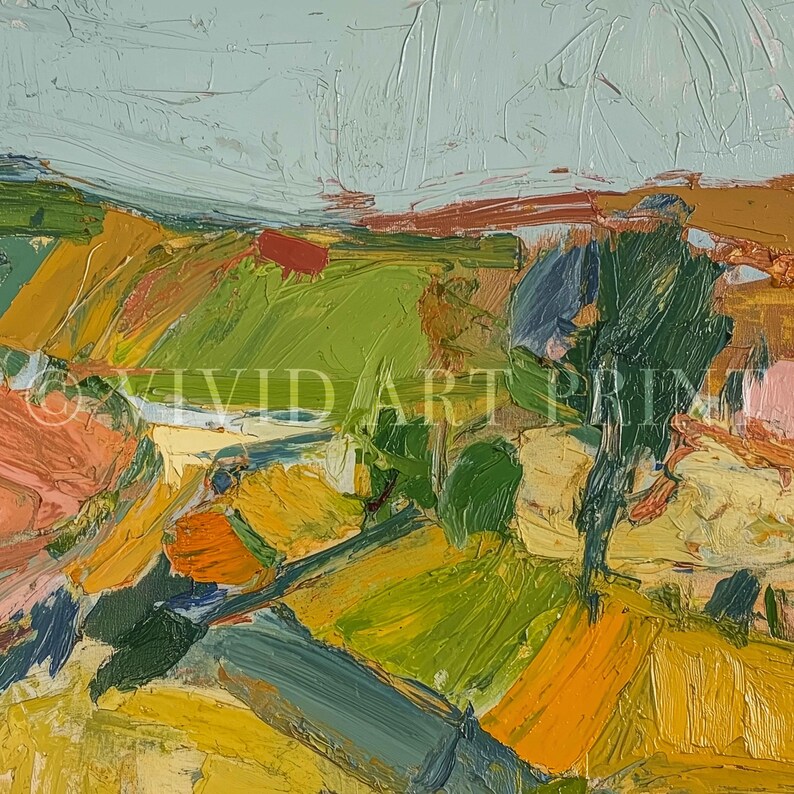 以下が含まれることがあります： テクスチャのある筆致による抽象的な風景画。このアートワークは、緑、黄、オレンジ、青の鮮やかなパレットを特徴とし、丘と空を示唆しています。「VIVID ART PRINT」というテキストが左下隅に表示されています。