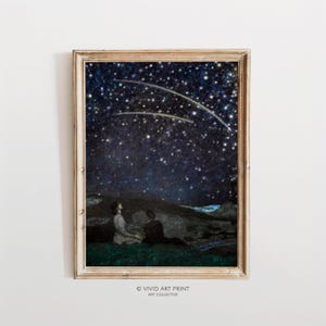 Romantic Shooting Stars Printable Night Sky Wall Art | Vintage Stargazing Moody Dreamlike Downloadable Home Decor | Vivid Art Print FS-730