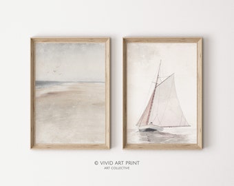Vintage Segelboot & Sandstrand Kunstdruck Set (Digitaler Download)