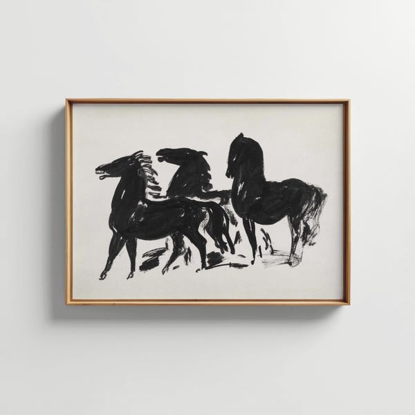 "Vintage Pinsel Zeichnung DRUCKBARE Kunst ""Drei Pferde"" Antik digitaler Download Wohnkultur Wandkunst | Lebendiger Kunstdruck TH-172