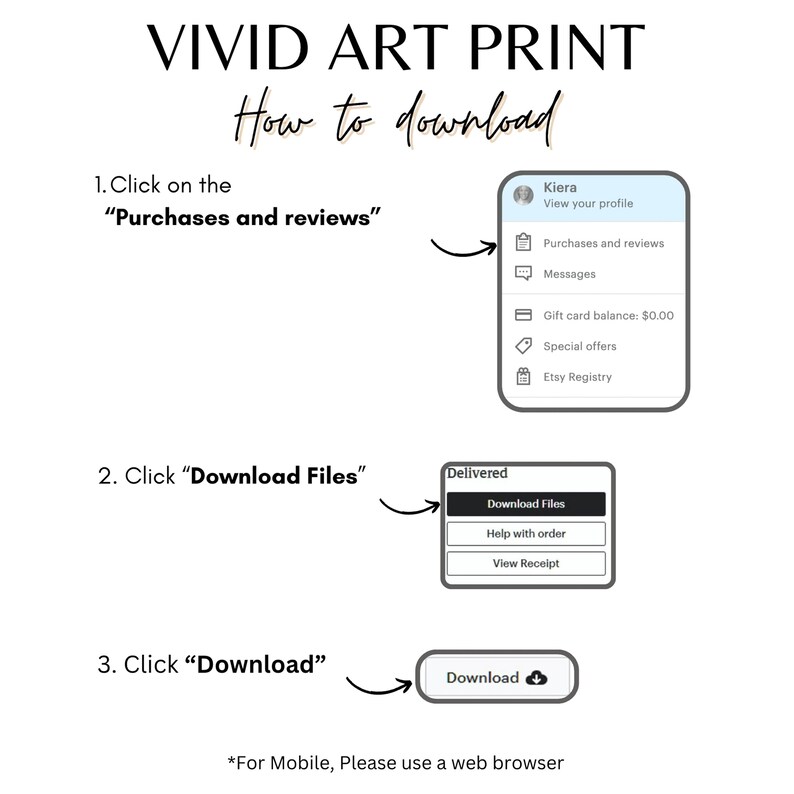 以下が含まれることがあります： デジタルアートプリントのダウンロード方法に関する説明が書かれた白いグラフィック。テキストは「VIVID ART PRINT」と「How to download」です。「Purchases and reviews」、「Download Files」、「Download」をクリックする手順が含まれています。