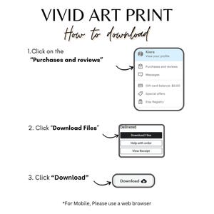 May include: White graphic with instructions on how to download a digital art print. The text reads "VIVID ART PRINT" and "How to download". Steps include clicking on "Purchases and reviews", "Download Files", and "Download".