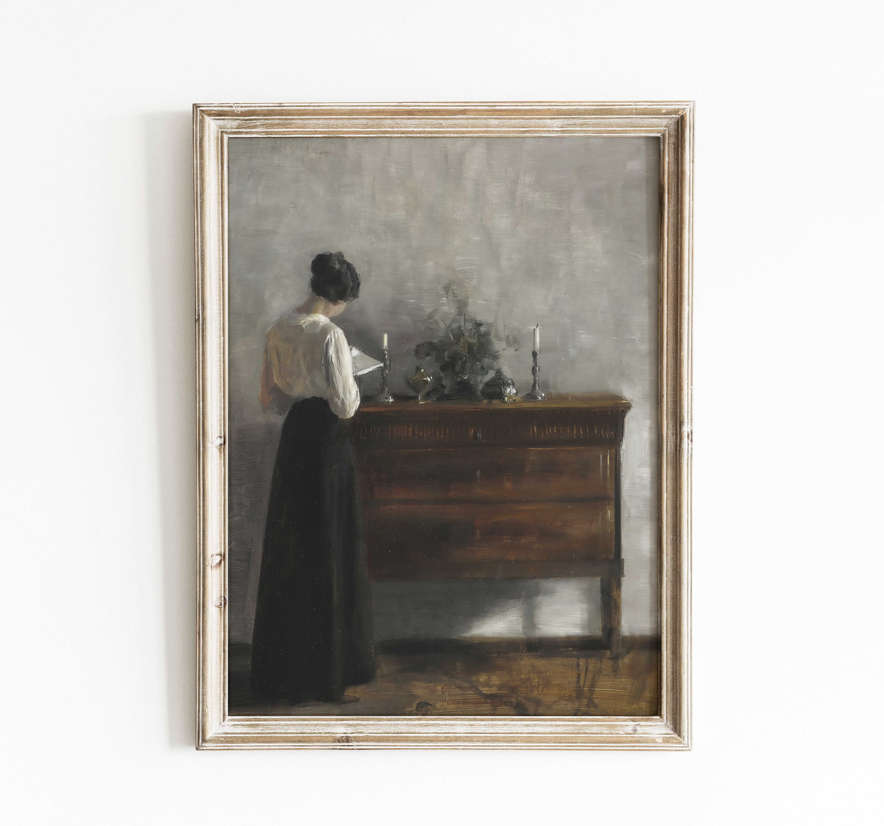 c*o様 絵画原画（時空の扉）貴婦人の絵　室内風景画　アンティーク調 ヴィンテージの読書する女性絵画：アンティークな室内装飾アート