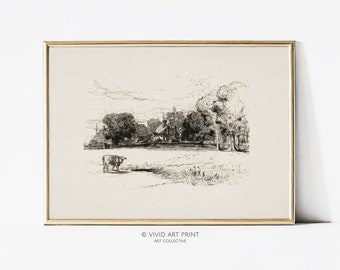 Farmhouse Sketch Art Print: Antique Country Landscape (Digital Download)