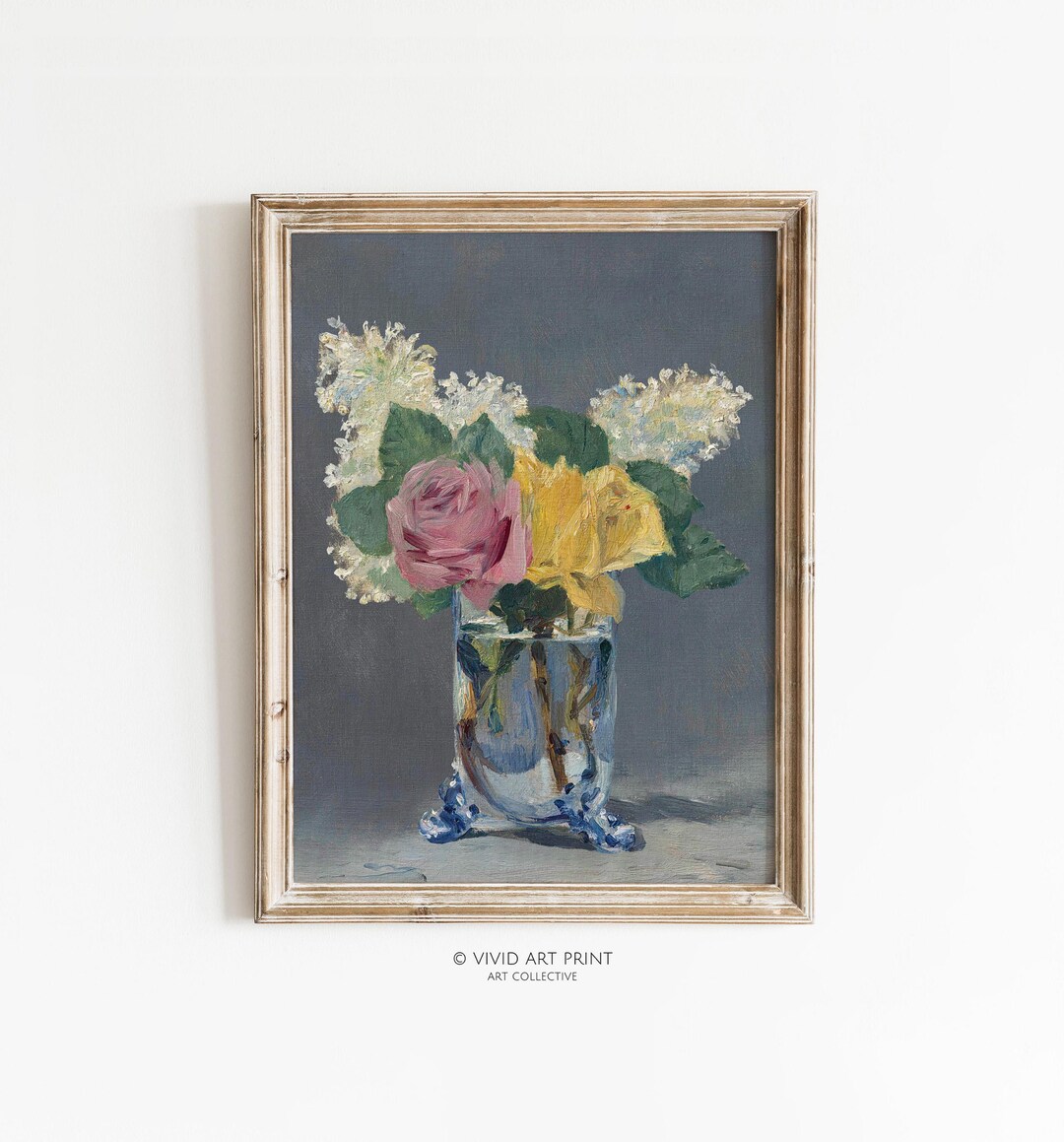 Vintage Floral Still Life Art Print: Roses & Yellow Blossoms (digital ...
