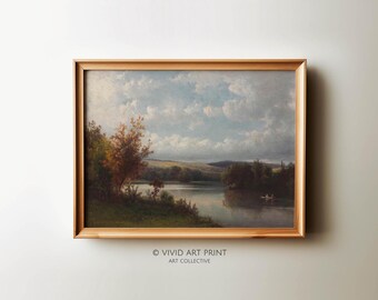Vintage River Landscape Art Print: Rustic Cottage Decor (Digital Download)