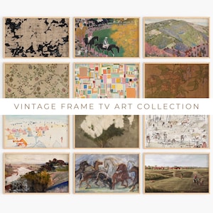 May include: A collection of framed vintage art prints. The prints feature various styles, including abstract patterns, landscapes, and equestrian scenes. The text "VINTAGE FRAME TV ART COLLECTION" is displayed below the prints.