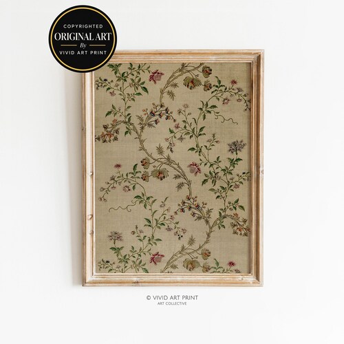 Motif textile en soie antique à imprimer | Décoration murale vintage à motif de vignes aux tons neutres, téléchargeable numériquement | Impression d'art éclatante JN-307