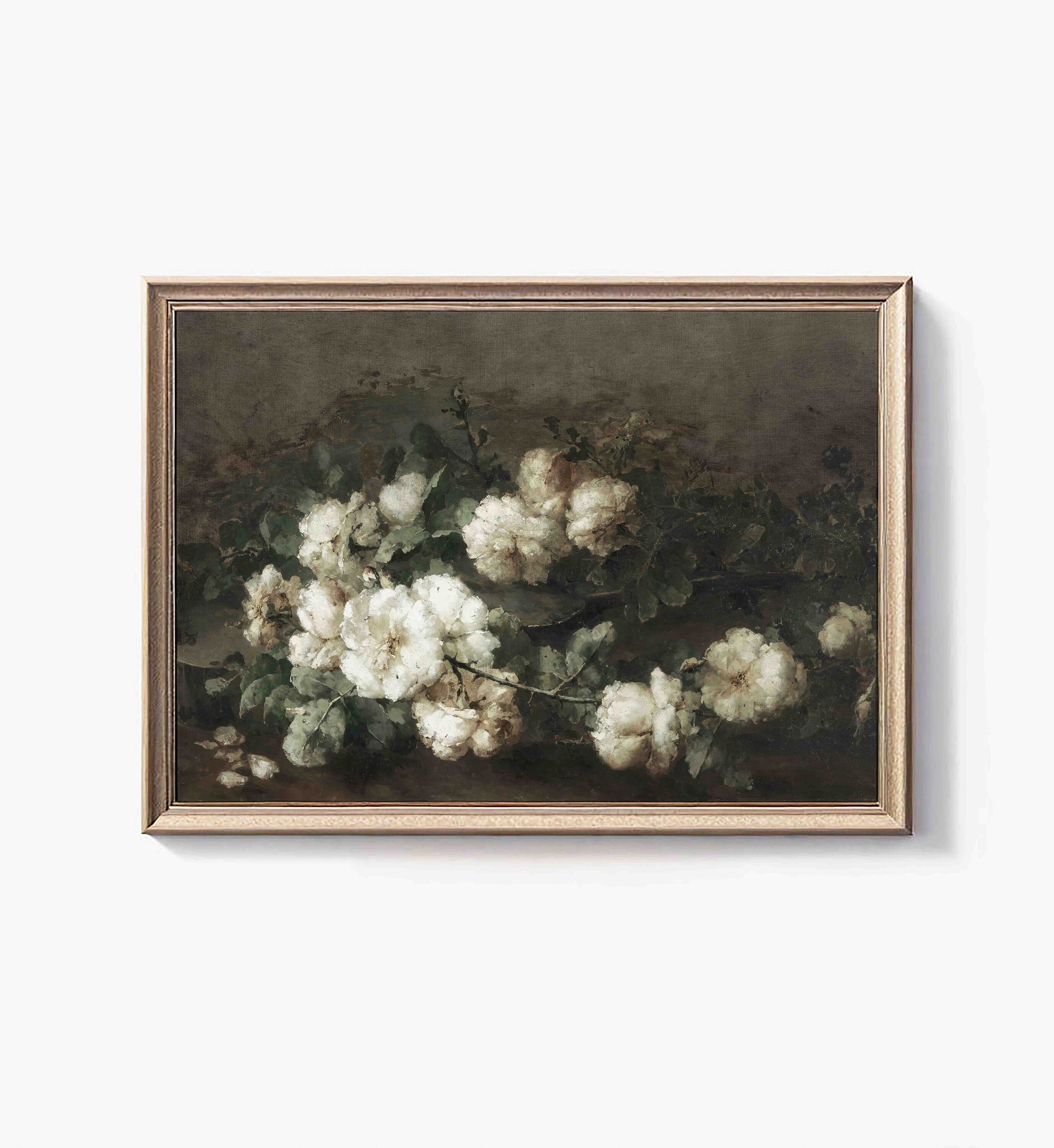 ヴィンテージの白いバラの絵画：アンティークな花の静物画（デジタル