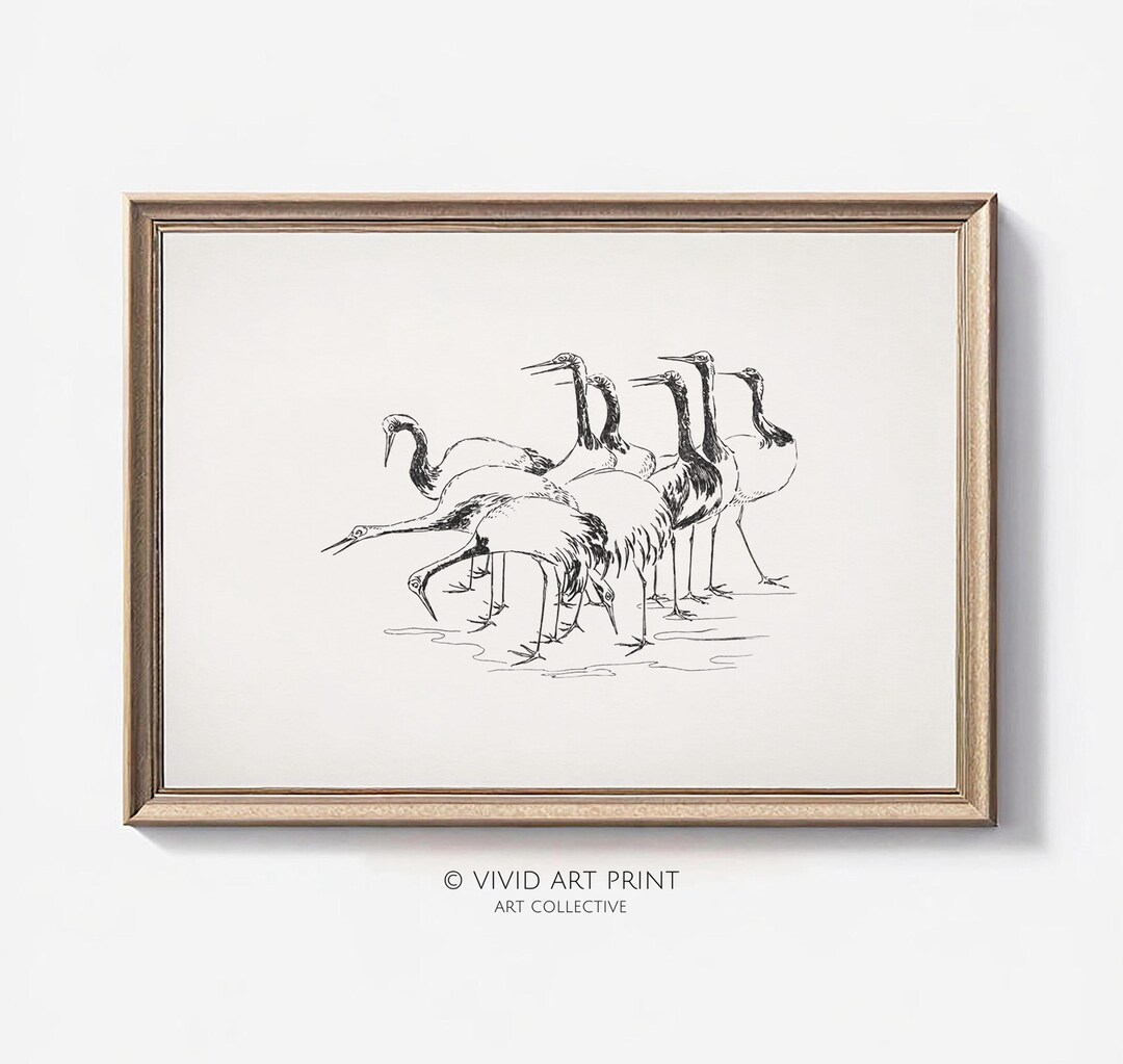 Vintage Crane Sketch Art Print: Minimalist Pen and Ink Drawing (digital ...