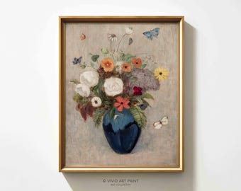 Vintage Floral Still Life Print: Flowers and Butterflies (Digital Download)