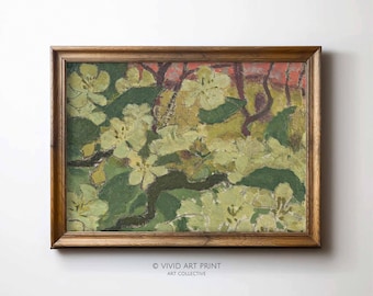 May include: A framed painting of a stylized floral scene with white flowers and green leaves against a pink and orange background.