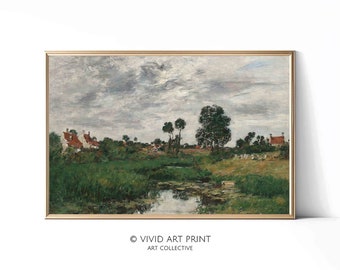 Paisaje vintage imprimible de bellas artes "La casa del granjero cerca de Dunkerque". Decoración de pared digital / Impresión artística vívida DK-112