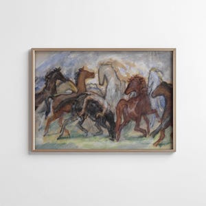 May include: An abstract painting of a herd of horses in motion. The artwork features horses in various shades of brown, black, and white, set against a backdrop of blue and green hues. The painting is framed in a gold-colored frame.