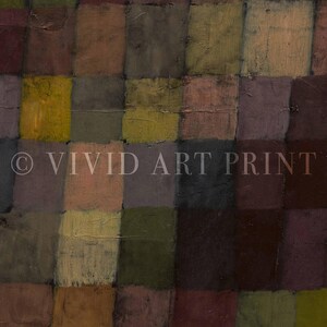 May include: Abstract artwork with a grid pattern of squares in various earth tones. The squares are painted in shades of brown, green, yellow, and purple, with visible brushstrokes. The text "&copy; VIVID ART PRINT" is visible.