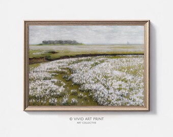 夏の野原の風景画アートプリント：アンティークな花の絵画（デジタル
