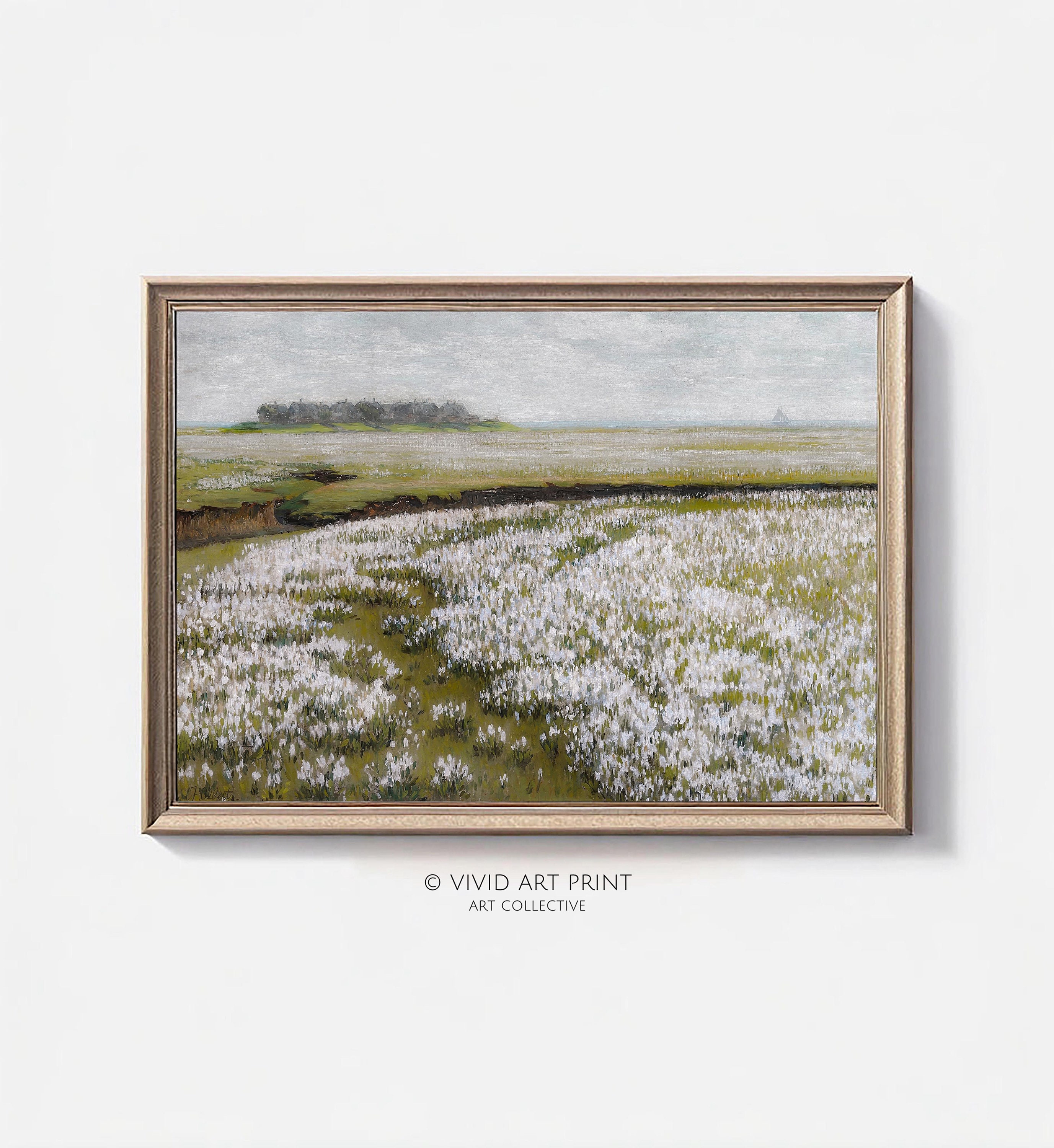 夏の野原の風景画アートプリント：アンティークな花の絵画（デジタル