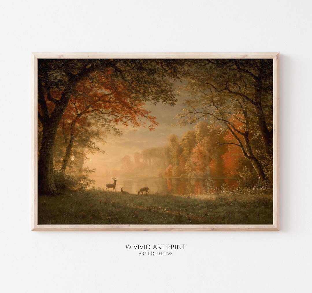 PRINTABLE Vintage Deer Landscape Art | Autumn Forest Cottage Core Home ...
