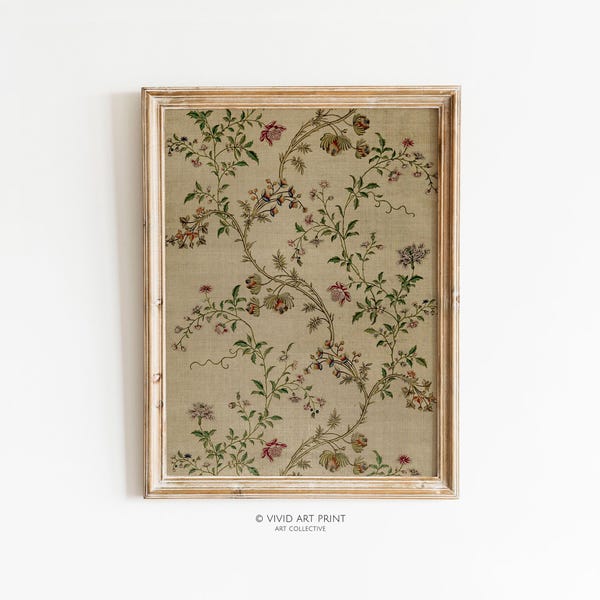 Antique Silk Textile Design PRINTABLE Wall Art | Vintage Neutral Vines Tapestry Pattern Decor Digital Downloadable | Vivid Art Print JN-307