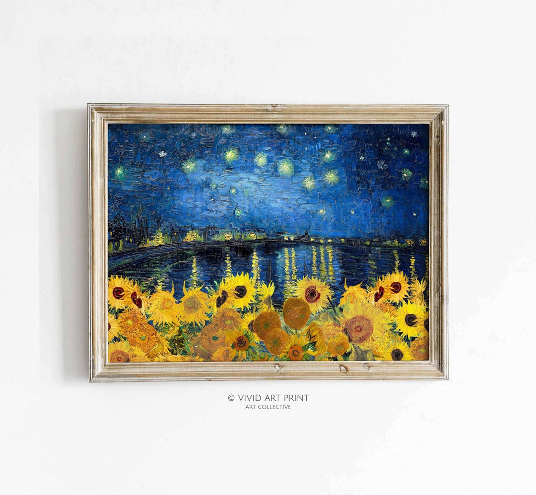 Starry Night Sunflowers Vintage Art Print: Nocturnal Reflections ...