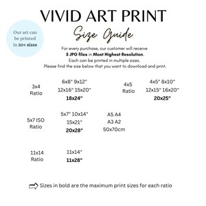 以下が含まれることがあります： 「VIVID ART PRINT」と「Size Guide」のテキストが入った白いグラフィック。6x8、9x12、12x16、15x20、18x24、20x25、20x28、50x70cmなど、印刷サイズをセンチメートルで表示しています。「Our art can be printed in 20+ sizes」のテキストも含まれています。