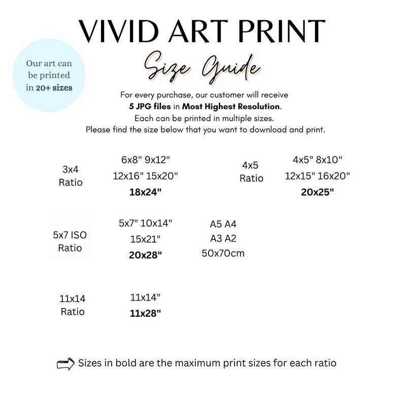 以下が含まれることがあります： 「VIVID ART PRINT」と「Size Guide」のテキストが入った白いグラフィック。6x8、9x12、12x16、15x20、18x24、20x25、20x28、50x70cmなど、印刷サイズをセンチメートルで表示しています。「Our art can be printed in 20+ sizes」のテキストも含まれています。
