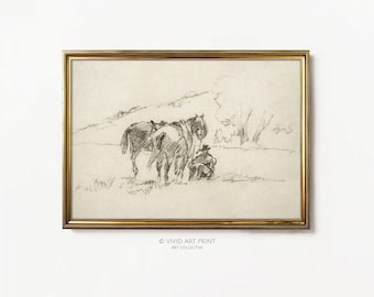 Op de afbeelding: Een ingelijste potloodschets met twee paarden en een persoon in een veld. Het kunstwerk bevindt zich in een gouden lijst en toont een pastorale scène met een persoon die bij de paarden zit. De tekst "VIVID ART PRINT ART COLLECTIVE" staat onderaan.