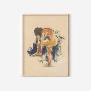 Könnte beinhalten: Abstrakter Kunstdruck mit einer Figur in gebückter Haltung. Das Kunstwerk verwendet Orange-, Gelb- und Blautöne auf beigem Hintergrund. Die Form der Figur wird durch Pinselstriche angedeutet, wodurch ein texturierter Effekt entsteht. Der Druck ist gerahmt.