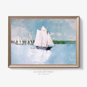 Vintage Sailboats Watercolor Print: Coastal Seascape Art (Digital Download)