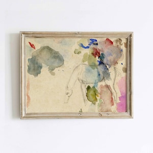 May include: Watercolour painting of a horse in a wooden frame. The horse is sketched in pencil, with colourful watercolour washes in blue, green, red, and pink. The background is a light beige colour.