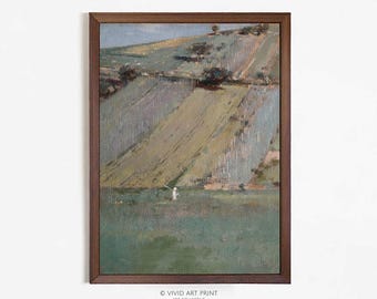 Vintage Farmhouse Landscape Art Print: Rustic Hillside Valley (Digital Download)