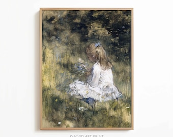 Vintage Girl with Flowers Art Print: Moody Watercolor (Digital Download)