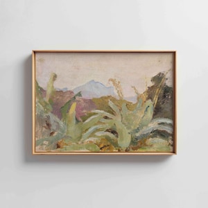 May include: An oil painting in a wooden frame depicts a landscape with green plants in the foreground, a mountain range in the background, and a light-coloured sky. The artwork uses a muted colour palette with shades of green, brown, and purple.