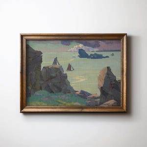 PRINTABLE Seascape Wall Art | Mid-Century Coastal Landscape Decor | Sailboat Nursery Digital Download | Vivid Art Print RH-477