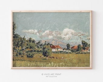 Vintage Farmhouse Landscape Art Print: Rustic Countryside (Digital Download)