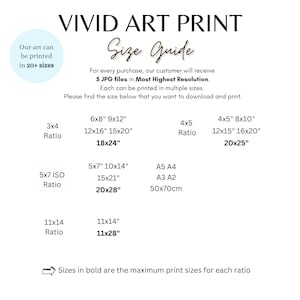 May include: A white graphic with the text "VIVID ART PRINT" and "Size Guide." It lists print sizes in inches, including 6x8", 9x12", 12x16", 15x20", 18x24", 10x14", 15x21", 20x28", and 11x28". The graphic also states that the art can be printed in 20+ sizes.