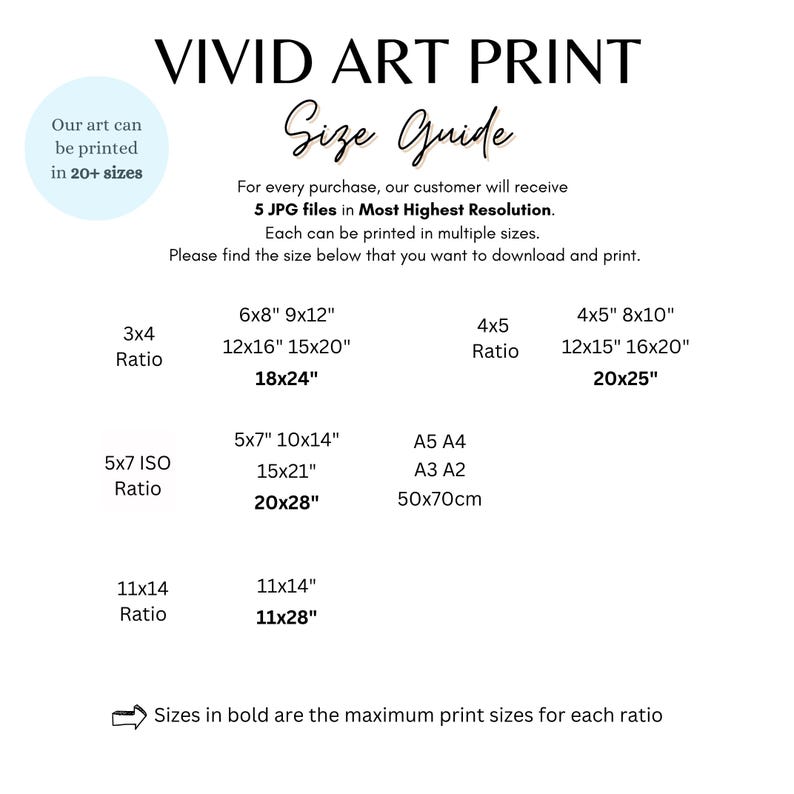 May include: A white graphic with the text "VIVID ART PRINT" and "Size Guide." It lists print sizes in inches, including 6x8", 9x12", 12x16", 15x20", 18x24", 10x14", 15x21", 20x28", and 11x28". The graphic also states that the art can be printed in 20+ sizes.