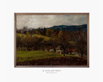 Impression vintage paysage d'automne : oeuvre d'art murale de la ferme (téléchargement numérique)