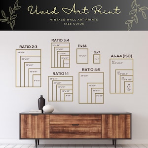 May include: A size guide for vintage wall art prints, featuring various aspect ratios and dimensions in inches. The guide includes ratios like 2:3, 3:4, 1:1, and 4:5, with sizes ranging from 5x7 inches to 24x36 inches. The text "Vivid Art Print" is at the top.